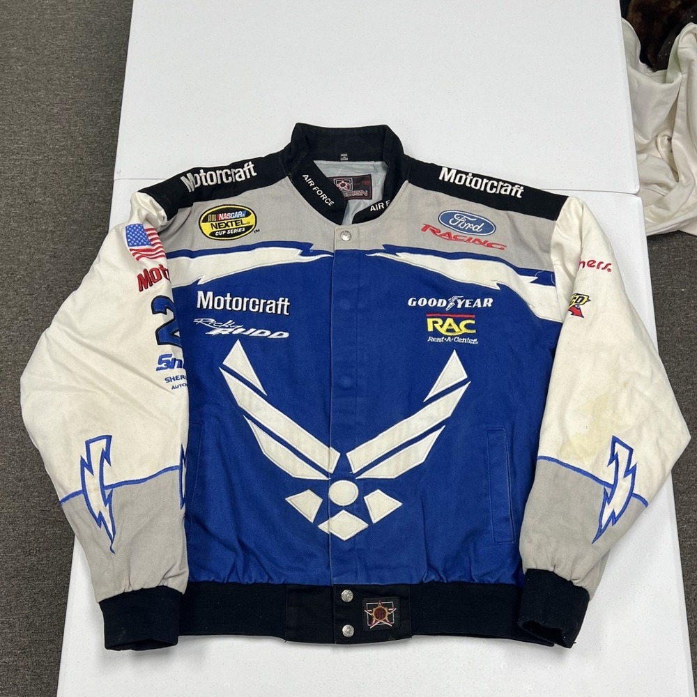 JH Design NASCAR Jacket Mens XL Blue Air Force Motorcraft Ricky Rudd Racing